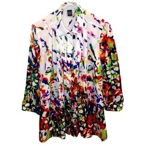 CHELSEA & THEODORE White Multicolor Abstract Pleated Button Up Blouse Size S